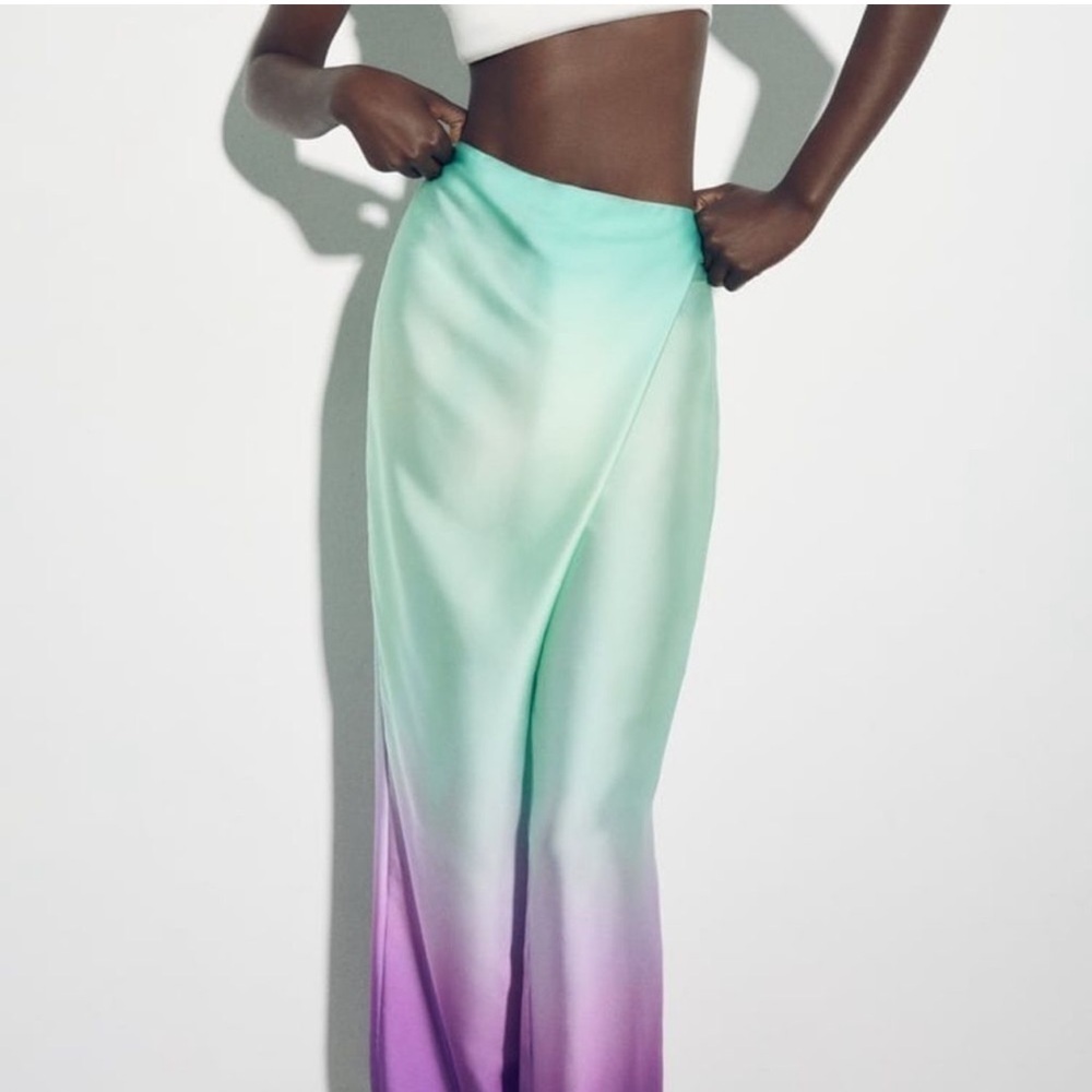 Zara Tie Dye Purple Green Ombre Pareo High Waist Pants.Size S